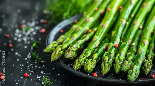 Close-up of delicious fresh Asparagus served on dark plate. photo
