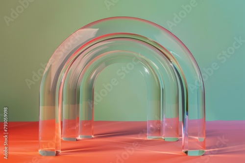 A minimalist glass arch with a clear, translucent design stands on d pink surface against a green background