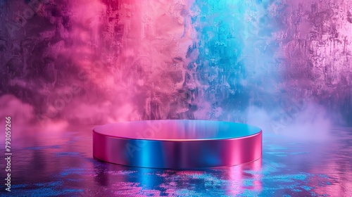 Chrome Stage Neon pink blue bathe a chrome podium Holographic cosmetics shimmer, vapor trails rise Hyperrealistic 3D, sharp reflections, luxury 02