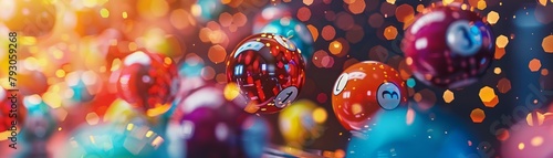 Cinematic CloseUp Bingo Balls Colorful bingo balls cascade down a chute in slow motion Light filters through, creating swirling colors and numbers 04