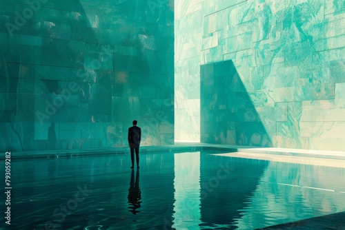a silhoutte of a man stands beside a turquoise color wall