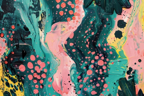 an abstract painting of detailed print of pink and green color  background elements