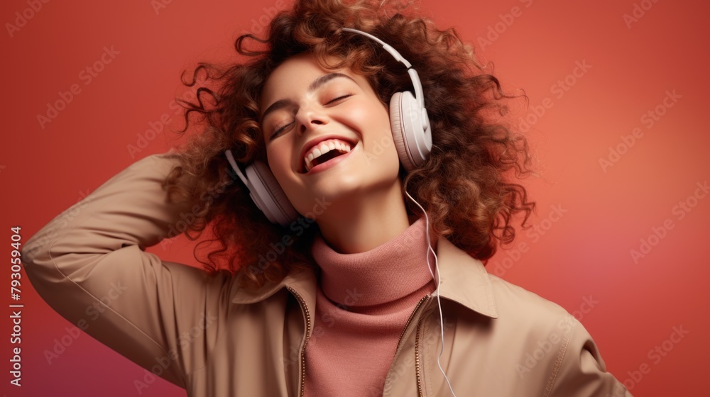 Joyful Woman Enjoying Music with Headphones on Coral Background Joyful Woman Enjoying Music with Headphones on Coral Background