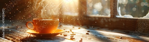 Closeup view of a steaming cup of coffee on a wooden table, sunlight streams through a window casting a warm glow, dust motes dance in the light, hyperrealistic 3D render 01 photo