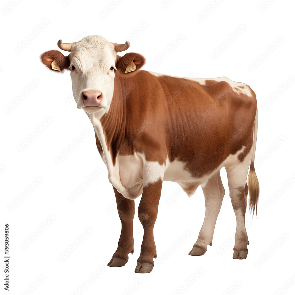 A brown and white cow standing in front of a white background