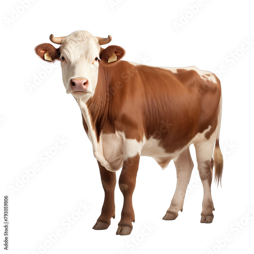 A brown and white cow standing in front of a white background
