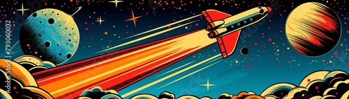 Pop Rocket Red space shuttle, bold stripes, launches with stars planets Pop art background in blue yellow 01