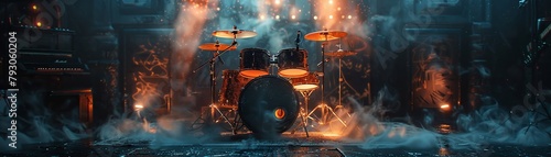 Weathered, chrome drum set with glowing tubes for cymbals Drummer with cybernetic arm beats fiercely Smoke fills a dark, underground club with holographic projections Cyberpunk 3D render photo