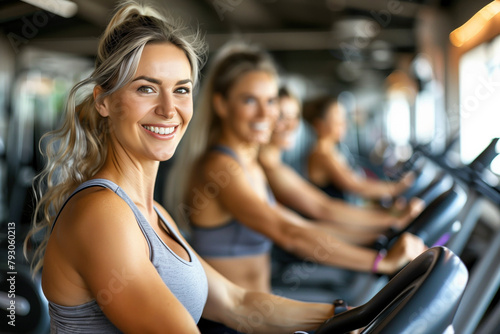 Energetic Women Exercising on Stationary Bikes in Fitness Class.