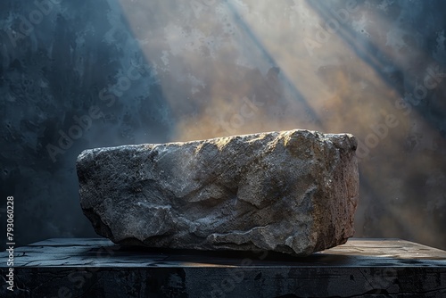 Weathered stone box pedestal on black platform, single spotlight highlights top surface Hyperrealistic 3D, textures, light 02
