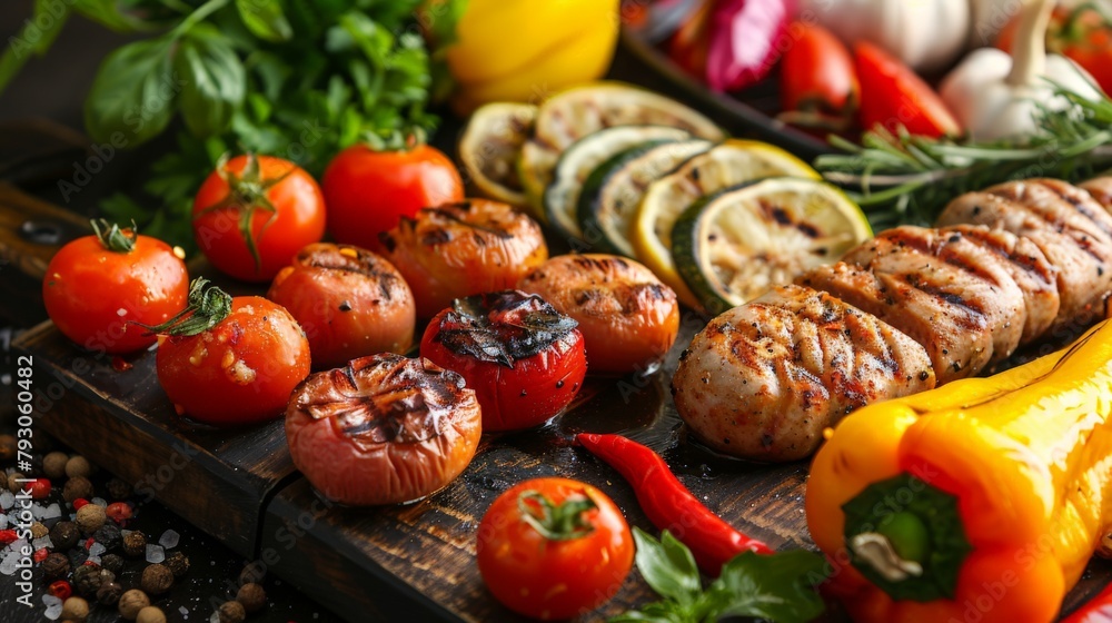 A variety of vegetables and meat are grilled on a wooden cutting board A variety of vegetables and meat are grilled on a wooden cutting board