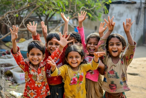 Group of Indian kids celebrating Holi festival.