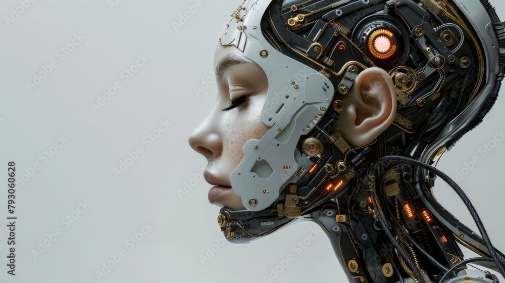 A woman's face is made of metal and has a robotic appearance A woman's face is made of metal and has a robotic appearance