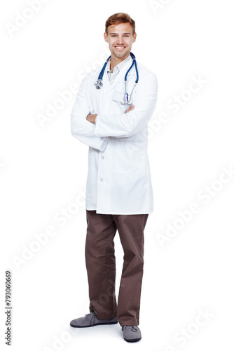 Man, doctor and happy in studio for health care on white background, smile and satisfied with career. Medical professional, portrait and confident on job, growth and support as cardiologist.