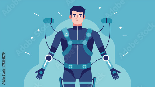 A man with a spinal cord injury using a futuristic exoskeleton suit and neural sensors to aid in his rehabilitation and improve overall mobility..