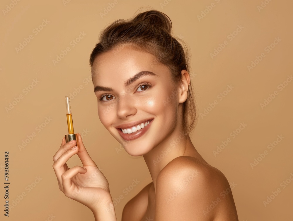 Fototapeta premium Skin care concept. Beauty portrait of smiling young woman girl holding pipette with cosmetic oil or serum near clean face.