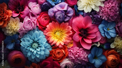Colorful dahlia flowers as background, top view. Floral pattern