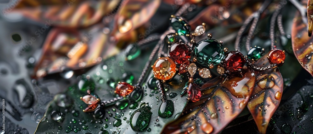 Fototapeta premium Exquisite custom jewelry captures the essence of nature with designs inspired by delicate leaves and fresh water droplets, showcased in a close-up, elegant style.