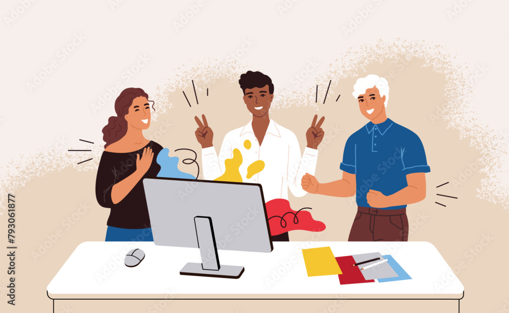 Team work. Business teamwork. Colleagues communication. People working together in office. Success person group at computer. Workers cooperation. Corporate staff. Vector cartoon characters Team work. Business teamwork. Colleagues communication. People working together in office. Success person group at computer. Workers cooperation. Corporate staff. Vector cartoon characters