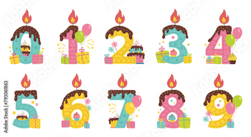 Set of Happy Birthday candle numbers. Chocolate streaks on top and fire  gifts  balloons  cake  cupcake  star. Various designs and colors. Doodle vector illustration