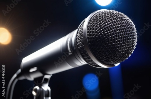 Vintage vocal microphone in the dark on a concert stage with pink and blue spot lighting. Live music or podcast wide banner background with copy space