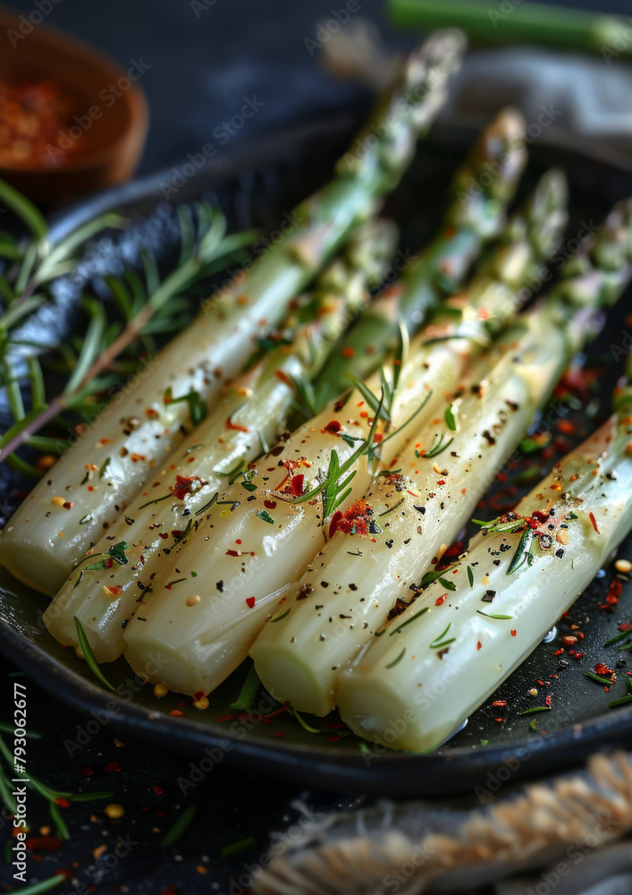 Close-up of delicious white Asparagus on dark plate.