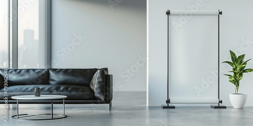 Pull up banner mockup stands in the building reception hall next to black modern sofa. Blank roll up poster for advertising or marketing message in modern interior photo