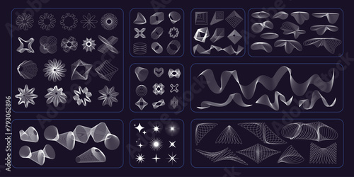 Retro futuristic vector line abstract design elements, figures, forms. Geometrical shapes, grid textures, backgrounds. Brutalism style.