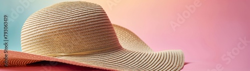 Light brown wide-brimmed straw hat on a pink background. photo