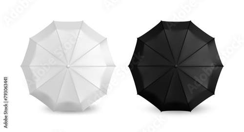 Realistic umbrella. Parasol mockup for branding. Opened waterproof sun canopy top view. Black and white blank design. Automatic tents. Vector rain protection 3D stylish accessories set