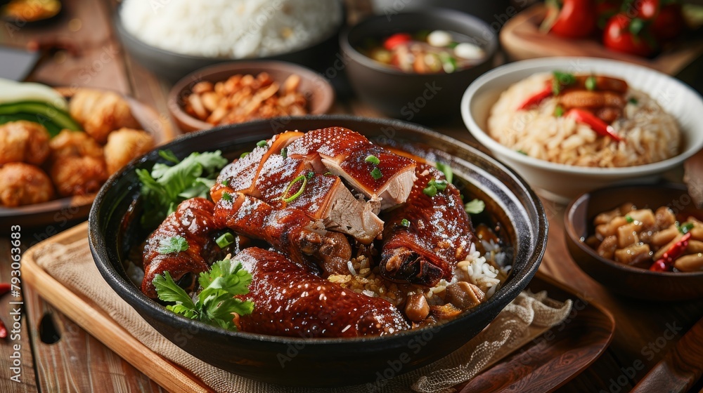 bak kut teh, fried chicken with sticky rice, food photography, 16:9
