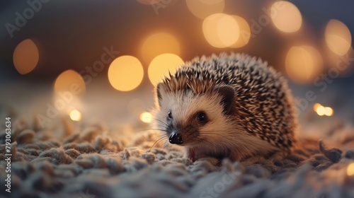 cute hedgehog on top of a sheet with blurred bokeh style background in high resolution and high quality. animals concept