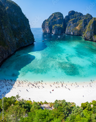 Aerial view of Maya bay beach in koh Phi Phi Leh, Krabi, Thailand