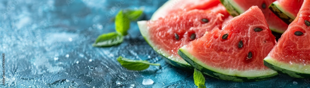 Ripe red watermelon slices on a blue background. Ripe red watermelon slices on a blue background.