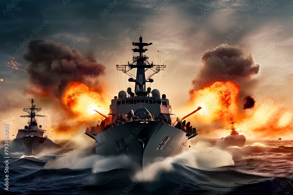 missiles targeting military naval warboats being destroyers with military explosions for tactical world war concepts as wide banner with copy space area. missiles targeting military naval warboats being destroyers with military explosions for tactical world war concepts as wide banner with copy space area.