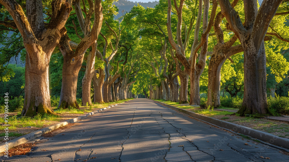 A street lined with tall oak trees casting dappled shadows on the worn pavement.