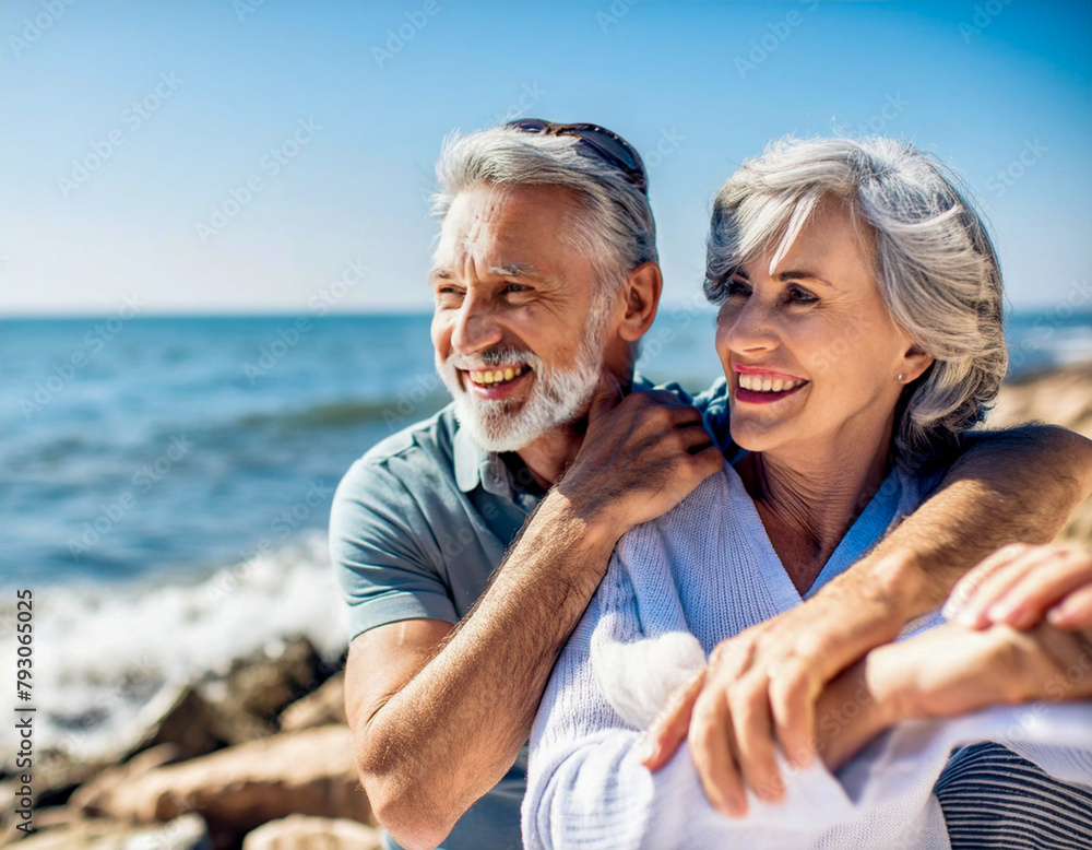  Senior couple rman woman elaxing by the sea coast on sunny day