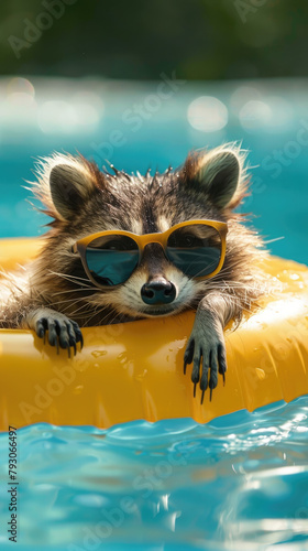 a cool raccoon wearing sunglasses floating in a pool floaty