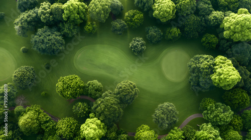 An aerial shot captures the dynamic interplay of light and shadow over a park  where the swirling patterns of mowed grass complement the lush canopies of diverse tree species. 