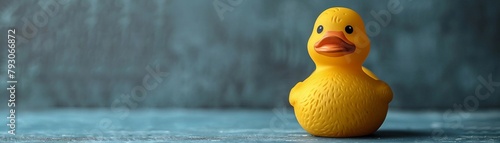 A yellow rubber duck toy floats in blue bath water, ready for playful splashing photo