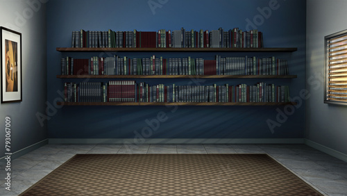 Office, virtual studio background with books. A custom 3D render backdrop, ideal for history TV shows, education online events, courses, product reviews etc. Suitable on VR sets, with green screen