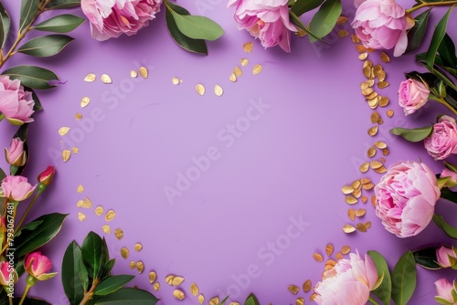 Purple Background With Pink Flowers and Green Leaves