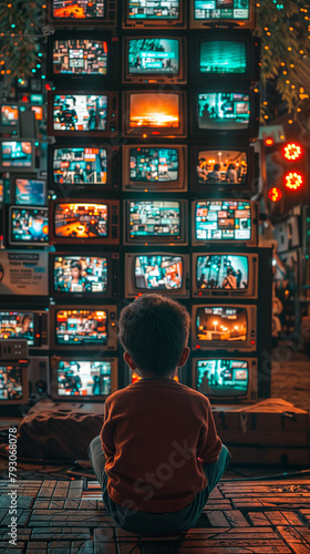 A young child sits in front of a wall of old TVs bombarded with 24-hour news cycle and entertainment photo