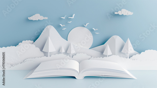 Mock-up of blank pages of an open notebook with copy-space for text place on a blue desk with cute idea of a nature  forest  sun and sky in white papercut on blue background.