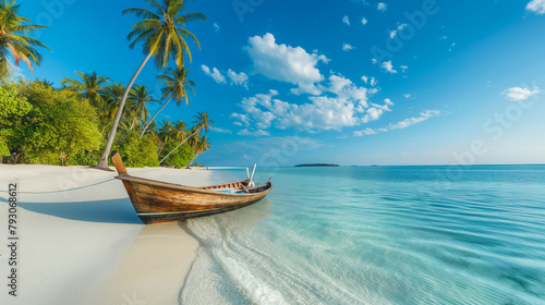 Shore in the Maldives with white sand and blue sea, ship with white sails