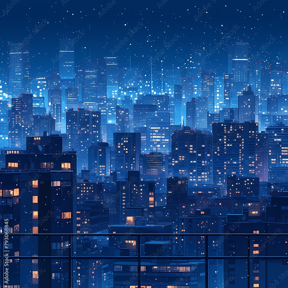 Striking Illustration of a City's Glittering Nighttime Skyline with Skyscrapers and Lights