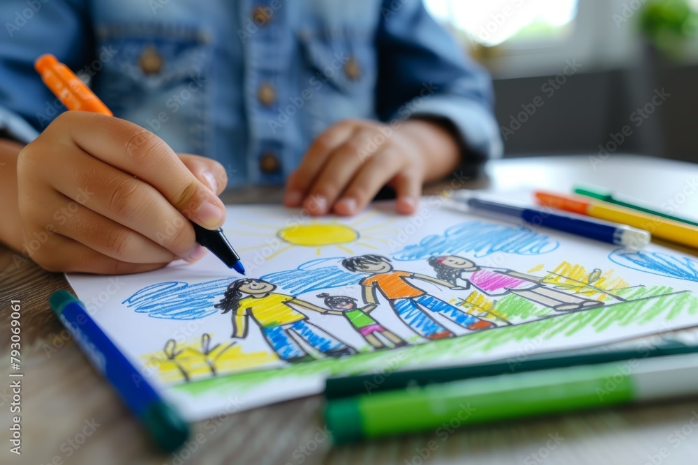 Child showing the drawing of a family he is making Child showing the drawing of a family he is making