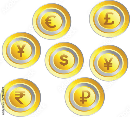 us uk russia japan india china europa currency dollar euro yuan rupee yen roube pound gold coin
