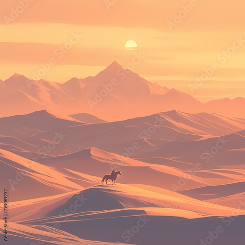 Embrace the tranquility of sunrise in a desert landscape with towering sand dunes. This serene scene captures the essence of solitude and peacefulness amidst nature's grandeur.