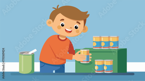A child carefully stacks cans of nonperishable food in a food bank excited to make their first food donation to help those facing hunger.